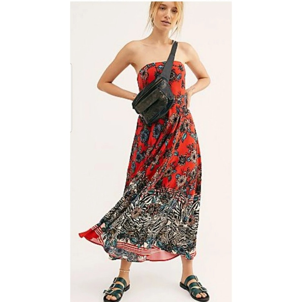 Free People Mila Strapless Floral Animal Print Maxi Dress Size 10 Boho Red